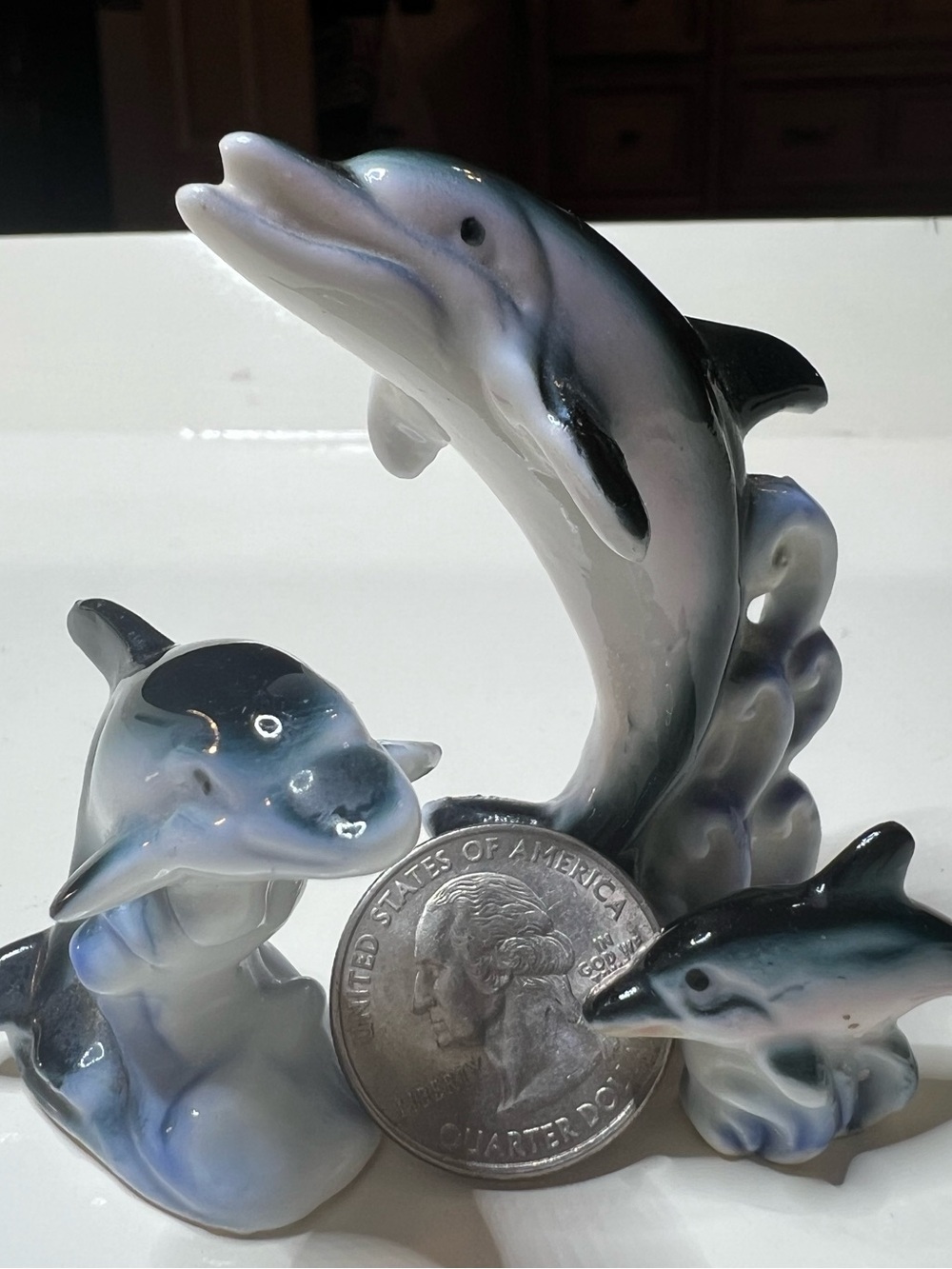 Source Unknown Blue Gray Porcelain Dolphin Trio - Coastal Figurines